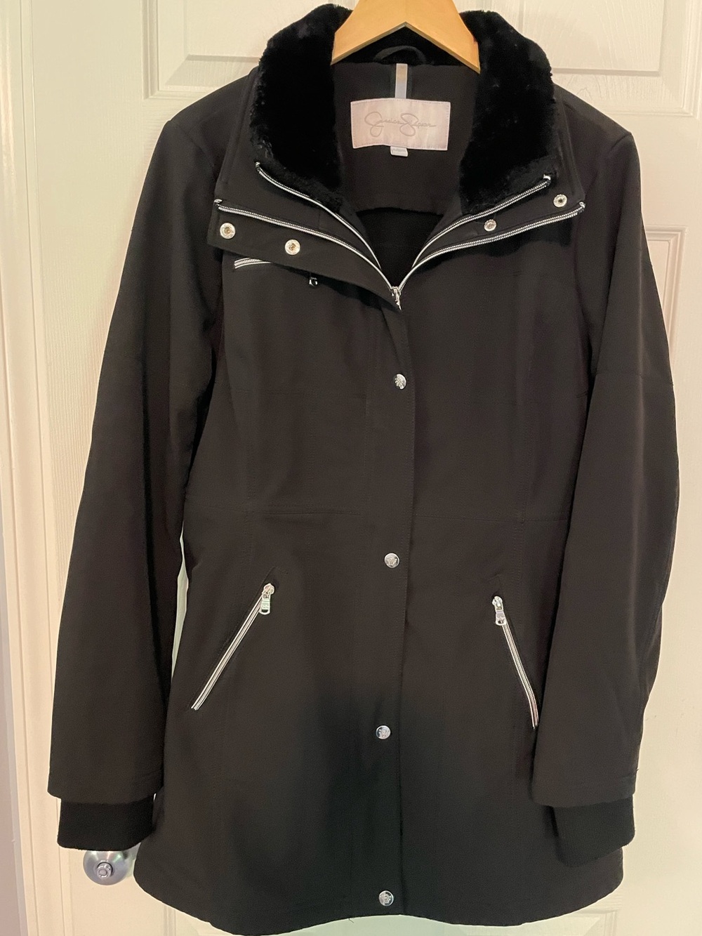 Jessica Simpson Woman’s Trench-Style Black Coat with Faux Fur Collar